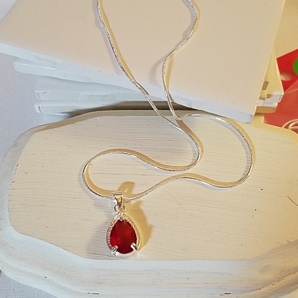 Red Ruby Faux Stone Silver Tone Necklace 24"